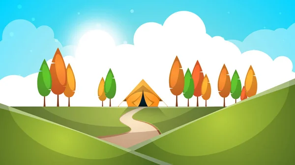 Desenhos animados paisagem. Barraca, árvore, colina, grama ilustração . — Vetor de Stock