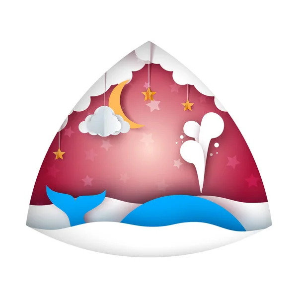 Ballena, mar, estrella, cielo, luna - ilustración de dibujos animados de papel . — Vector de stock