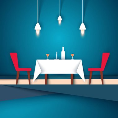 Restoran - kağıt çizimde. Bardağı, sandalye, Masa, mum, şişe simgesi.