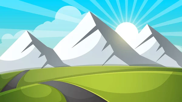 Cartoon landscape. Mountain, sky, ray, road, travel illustration.