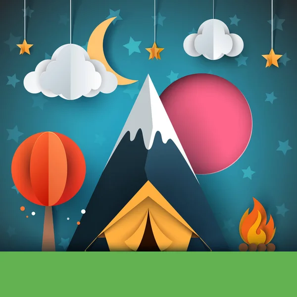 Paisagem de papel de desenho animado. Árvore, montanha, fogo, barraca, lua, nuvem estrela ilustração . — Vetor de Stock