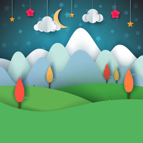 Paisagem de papel de desenho animado. Lua, nuvem, estrela, árvore, paisagem . — Vetor de Stock