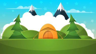 Çadır, illüstrasyon seyahat. Yatay çizgi film.