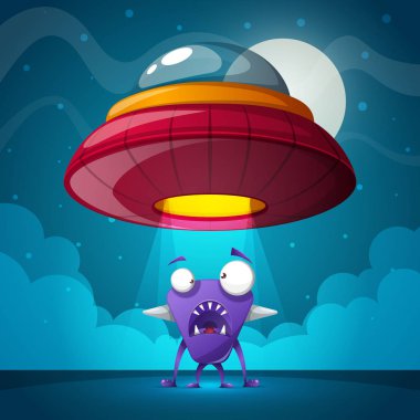 Uzaylı, ufo illüstrasyon. Gece karikatür manzara.