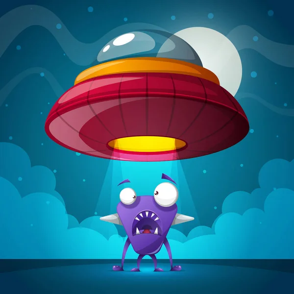 Alien, ilustración OVNI. Noche de dibujos animados paisaje . — Vector de stock