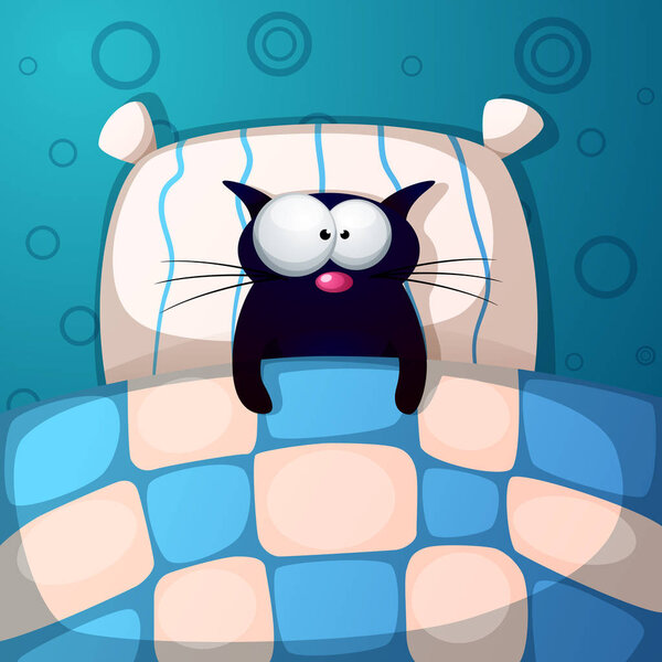 Cartoon cat sleep illustration. Room, bed, pillow.