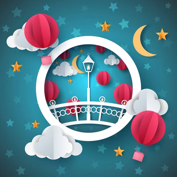 Sokak ışık. Kağıt yatay çizgi. Köprü, hava balonu, moon, bulut, stad.