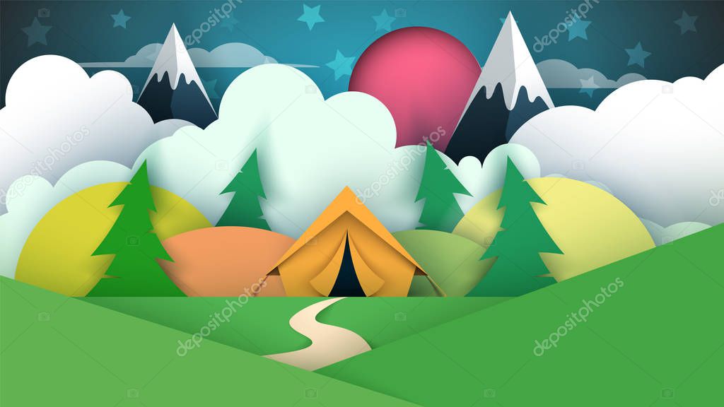 Tent illustration. Cartoon paper landscape.