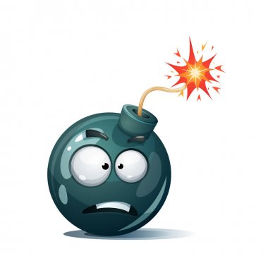 Çizgi film bomba, fitil, fitil, kıvılcım simgesi. Korkmuş gülen.