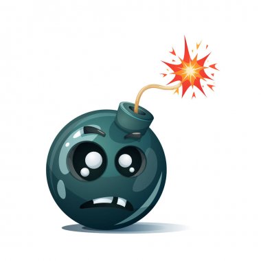 Çizgi film bomba, fitil, fitil, kıvılcım simgesi. Korkmuş gülen.