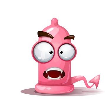 Komik, sevimli, çılgın prezervatif çizimde. Şeytan gülen