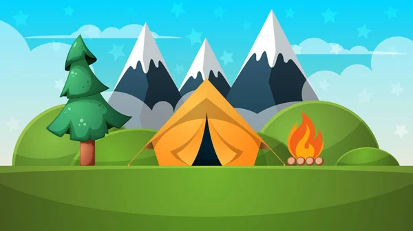 Desenhos animados paisagem de verão. Tenda, fogo, ilustração de montanha . — Vetor de Stock