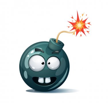 Çizgi film bomba, fitil, fitil, kıvılcım simgesi. Diş gülen.