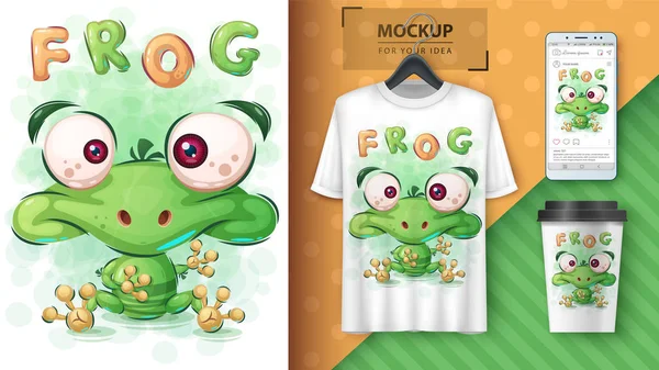 Plakat z zielonej żaby i merchandising — Wektor stockowy