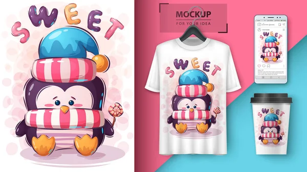 Pingüino con póster de caramelos y merchandising — Vector de stock