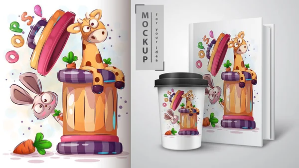 Girafe, affiche lapin et merchandising — Image vectorielle