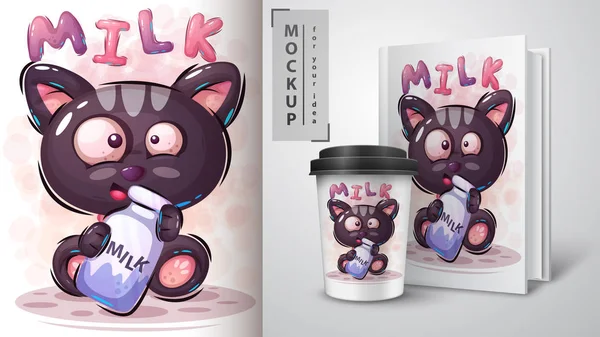 Gato con cartel de leche y merchandising — Vector de stock