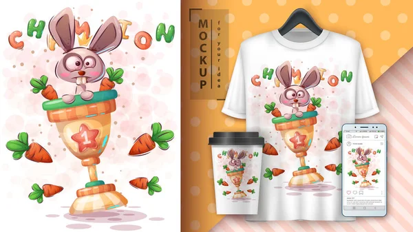 Conejo con póster de zanahoria y merchandising . — Vector de stock