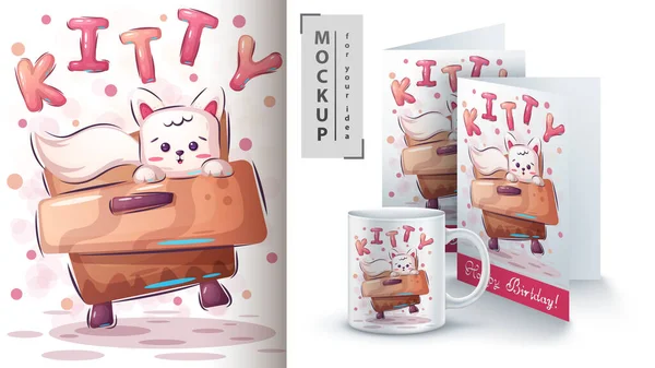 Lindo cartel de gatito y merchandising — Vector de stock