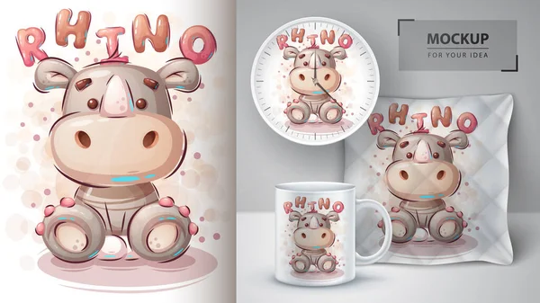 Cartoon neushoorn poster en merchandising. — Stockvector