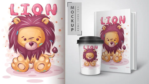 Cartel de león de peluche y merchandising . — Vector de stock