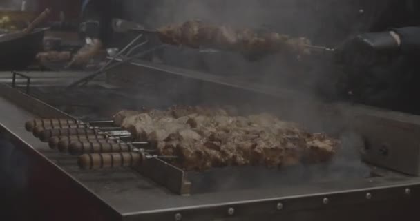 Frisch Gegrilltes Hähnchenspießgrill Auf Grill Über Holzkohle — Stockvideo