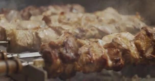 网格在木炭上新鲜热的烤的鸡肉串羊肉串烧烤 — 图库视频影像