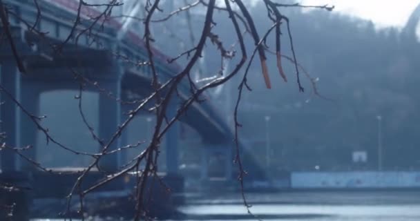 Вид Пешеходный Мост Реку Днепр Киеве Солнечный Осенний День — стоковое видео