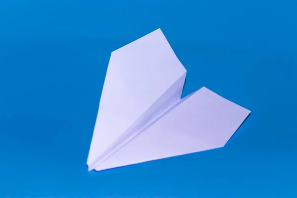 Flat Lay White Paper Plane Blank Paper Pastel Blue Color — Stock Photo, Image