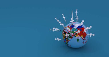 Dünya 'ya karşı ilaç içeren 3D RENDERING Tıbbi şırınga ve ampul. Virüs tehdidi ve salgın koruma kavramı