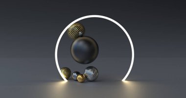 3D RENDERING çizim geometrik toplar. Kürelerle soyut arkaplan.