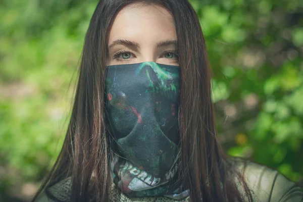 Portrait Positive Caucasian Girl Color Facial Protective Mask — Stock Photo, Image