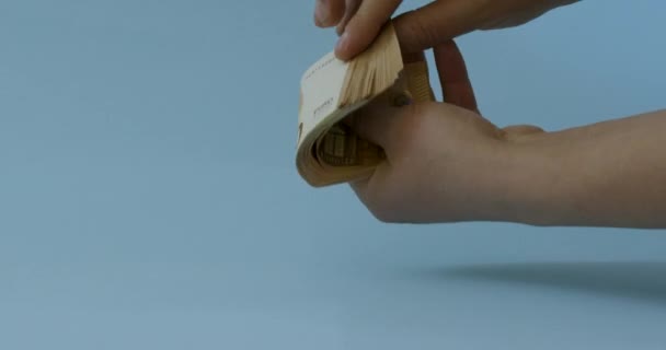 Ανθρώπινα Χέρια Που Εξετάζουν Χαρτονομίσματα Των Ευρώ Στα Χέρια Πολλών — Αρχείο Βίντεο