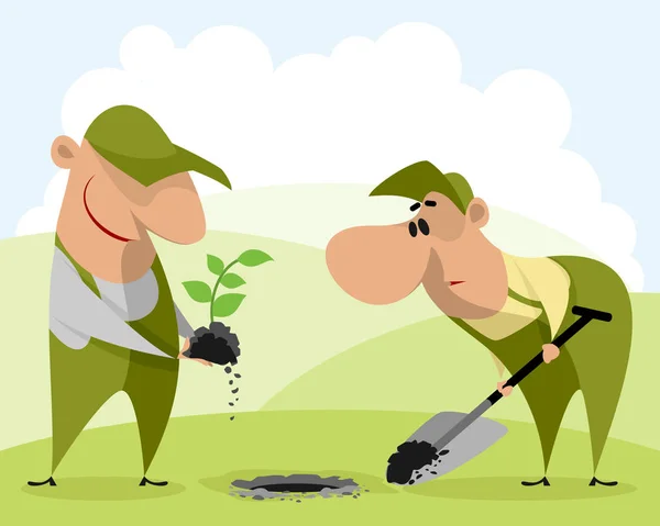 Jardineros plantando una planta — Vector de stock