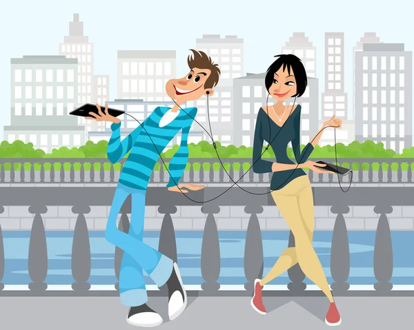 Pareja joven en auriculares — Vector de stock