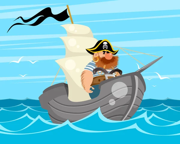Vector Illustratie Van Een Bebaarde Piraat Een Schip — Stockvector