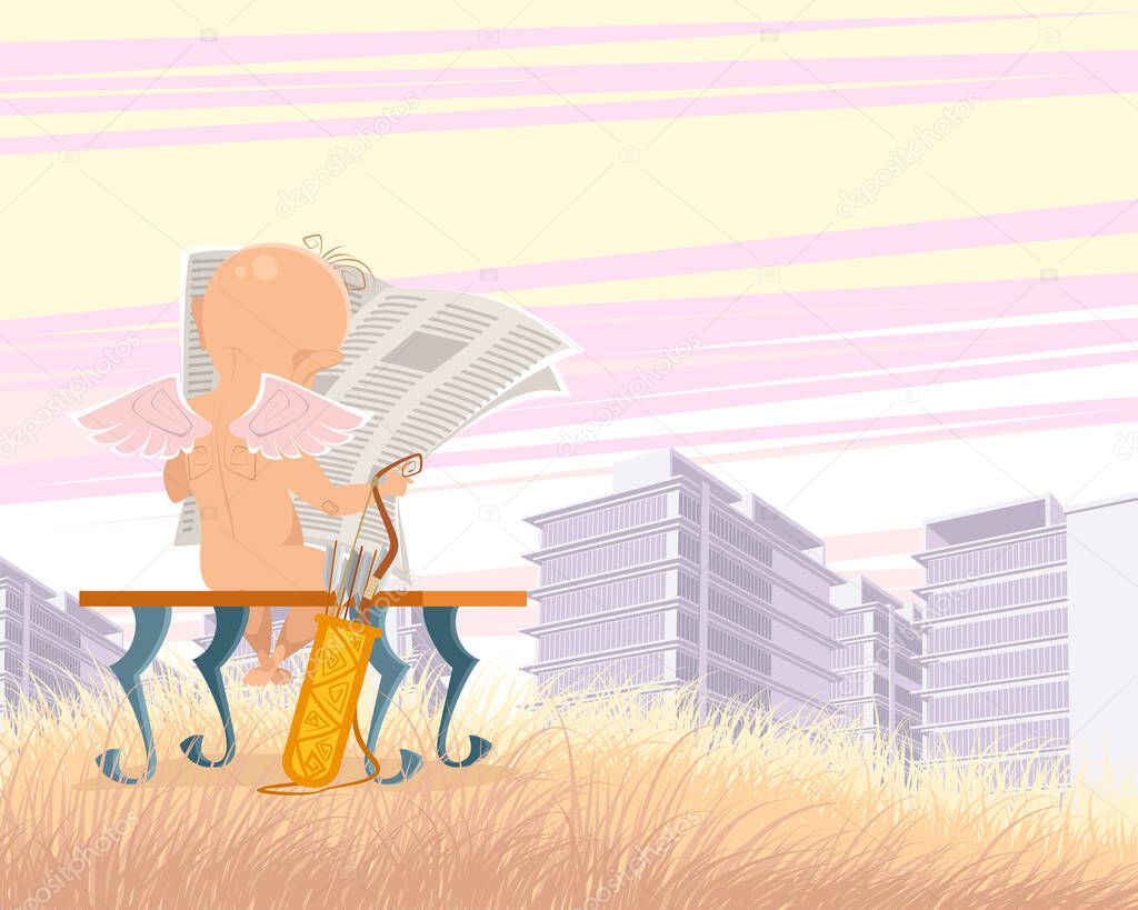 Vector illustration of an angel reading a newspaper