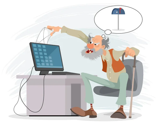 Vector Illustratie Van Een Oudere Man Aan Een Computer — Stockvector