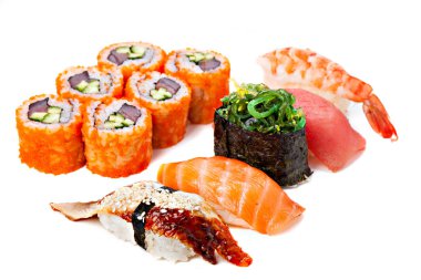 Üzerinde izole suşi roll Japon yiyecek yemek listesi içinde Restoran, dizi 