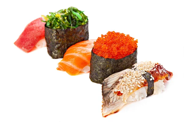 Üzerinde izole suşi roll Japon yiyecek yemek listesi içinde Restoran, dizi — Stok fotoğraf