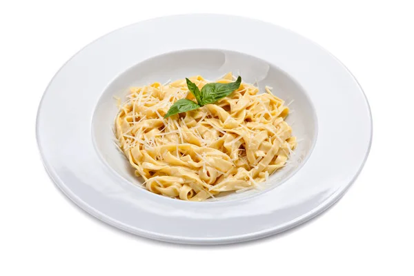 Plate of a italian pasta with grated parmesan cheese and basil l — Stock Photo, Image