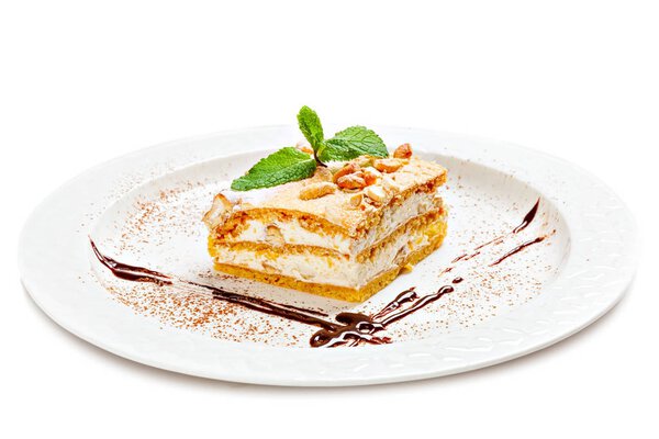  Piece of cake on a white  plate.