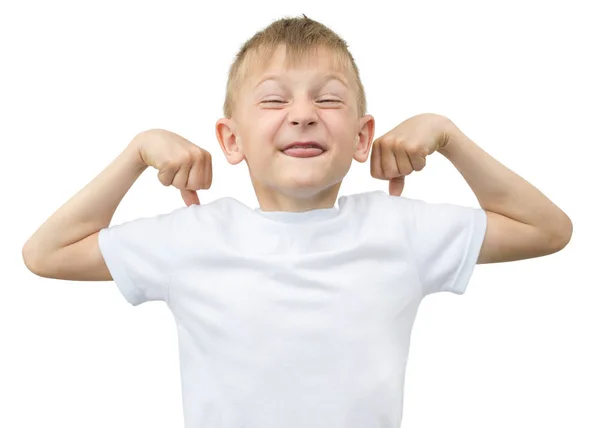 Sarışın çocukta duygusal beyaz bir arka plan üzerine notlar için gri kağıdın ile beyaz bir gömlek