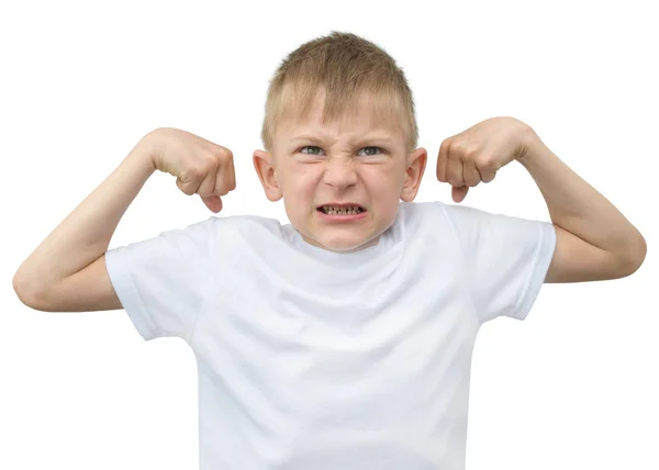 Sarışın çocukta duygusal beyaz bir arka plan üzerine notlar için gri kağıdın ile beyaz bir gömlek