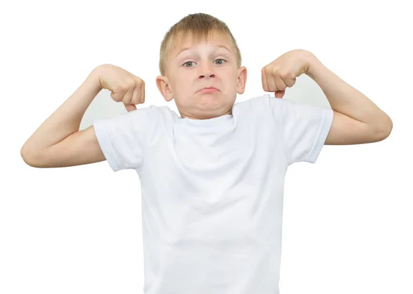 Sarışın çocukta duygusal beyaz bir arka plan üzerine notlar için gri kağıdın ile beyaz bir gömlek