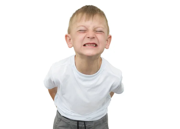 Emotionaler blonder Junge in weißem Hemd mit grauem Blatt Papier für Notizen auf weißem Hintergrund — Stockfoto