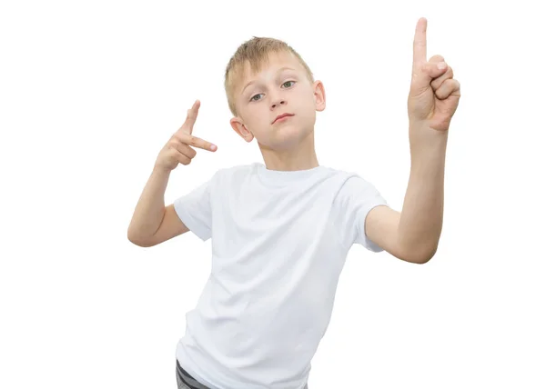 Emotional blond boy in a white shirt with a gray sheet of paper for notes on a white background Royalty Free Stock Images