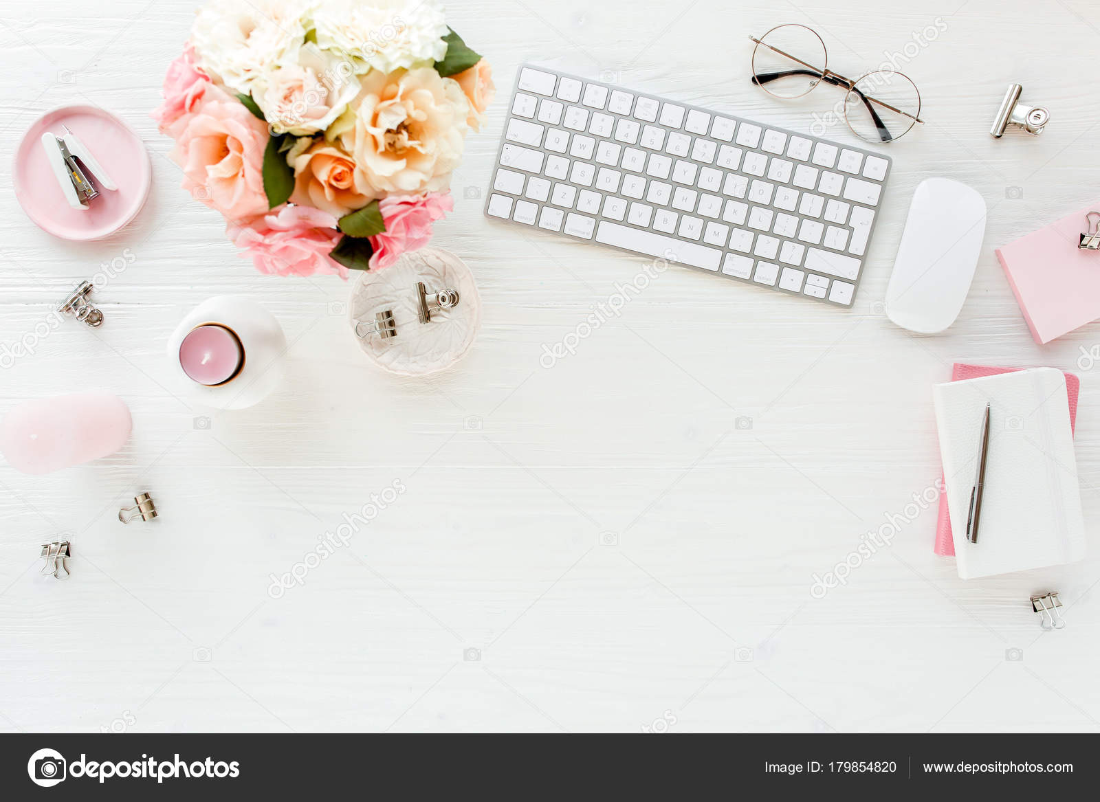 Flat Lay Women's Office Desk Female Workspace Computer Pink Roses Stock  Photo by © 179854820