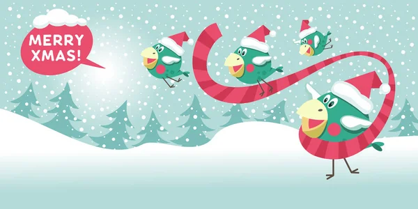 Alegres pájaros de invierno con una bufanda de punto. ¡Feliz Navidad! Chr. — Vector de stock
