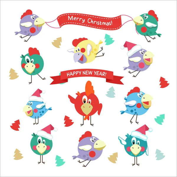 クリスマスと新年。お祭りのデザイン。楽しい鳥、コックと編 — ストックベクタ